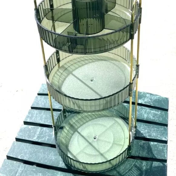 3 Rotating Shelves Storage Container Make Up Spices 12 1/2" x 9 1/2 Gray Plastic - Picture 2 of 9